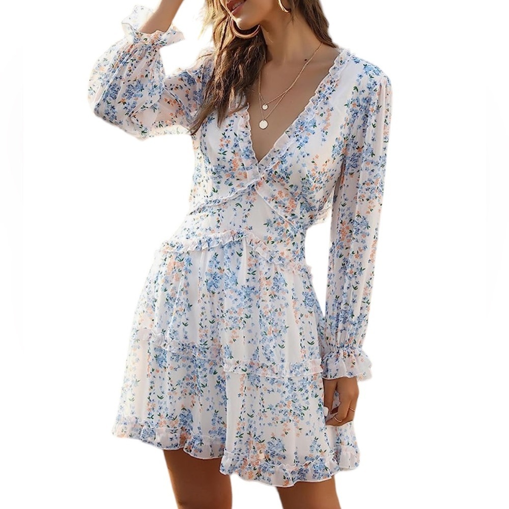 Small Sexyshine Women‘s Deep V Neck Ruffle Floral Print Open Back Mini Dress - Picture 3 of 11